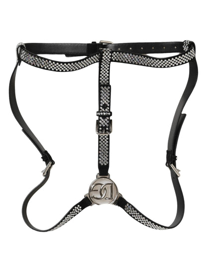 Dolce & Gabbana Black Leather Rhinestones Embellished Men Suspender