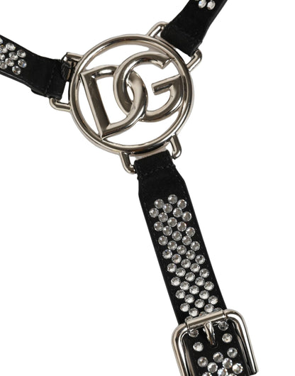 Dolce & Gabbana Black Leather Rhinestones Embellished Men Suspender