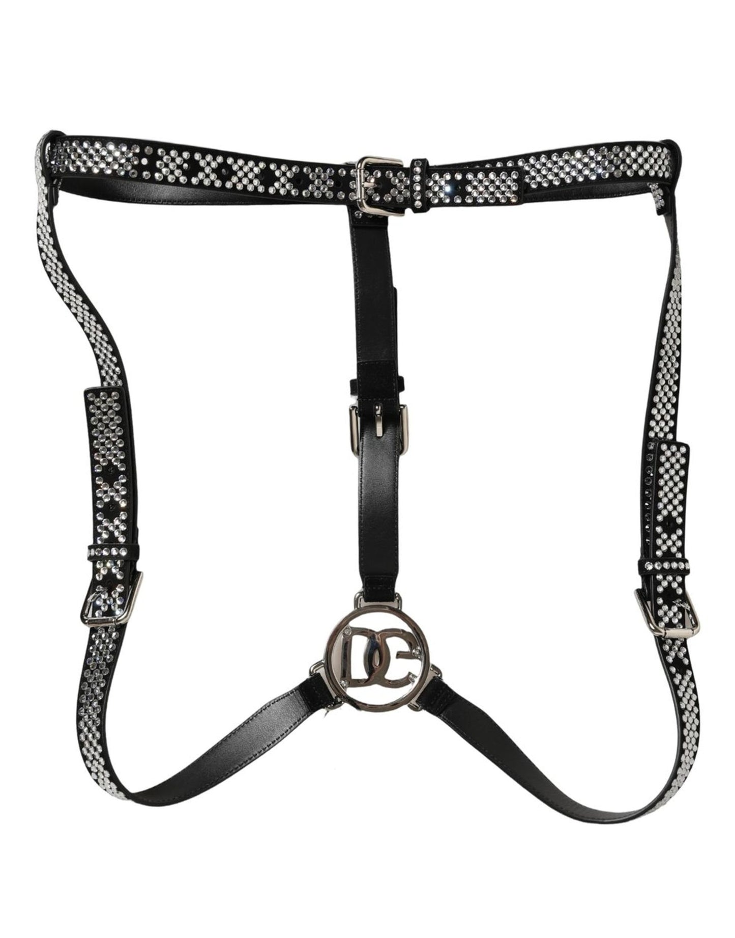 Dolce & Gabbana Black Leather Rhinestones Embellished Men Suspender