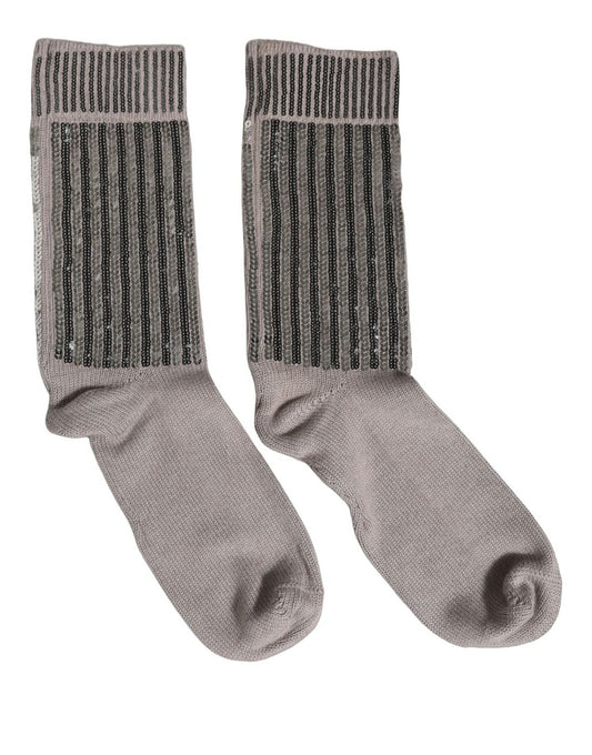 Dolce & Gabbana Gray Sequin Cotton Knit Mid Calf Accessory Socks