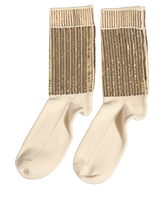 Dolce & Gabbana Off White Sequin Cotton Mid Calf Accessory Socks