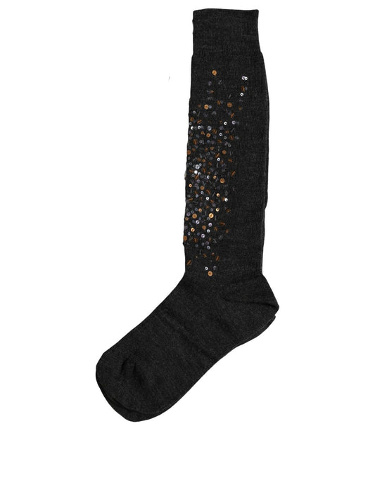 Dolce & Gabbana Dark Gray Sequined Wool Knee High Accessory Socks