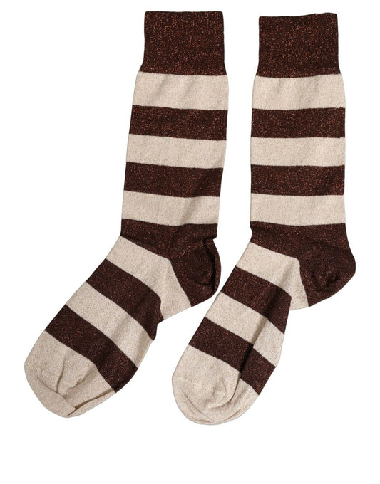 Dolce & Gabbana Brown Beige Stripes Mid Calf Accessory Socks