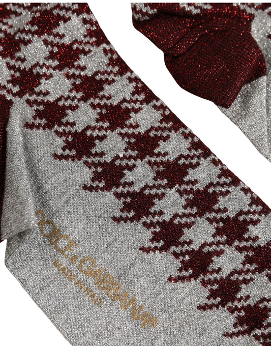 Dolce & Gabbana Maroon Gray Houndstooth Mid Calf Accessory Socks