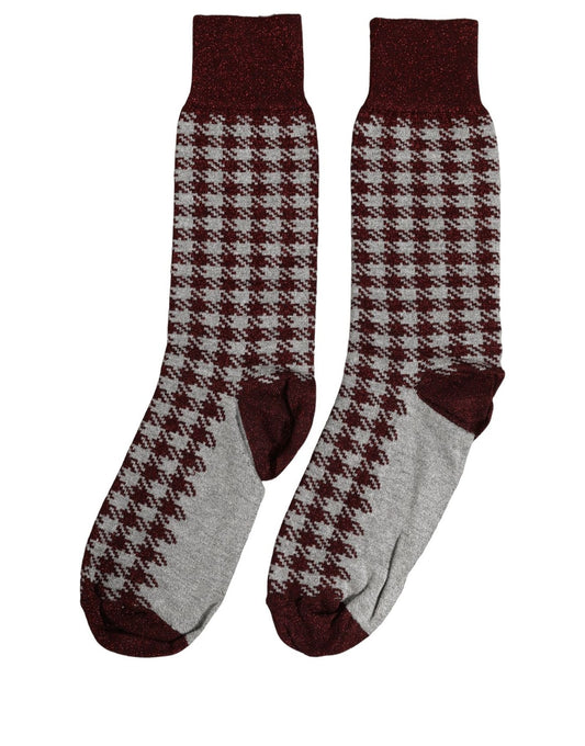 Dolce & Gabbana Maroon Gray Houndstooth Mid Calf Accessory Socks