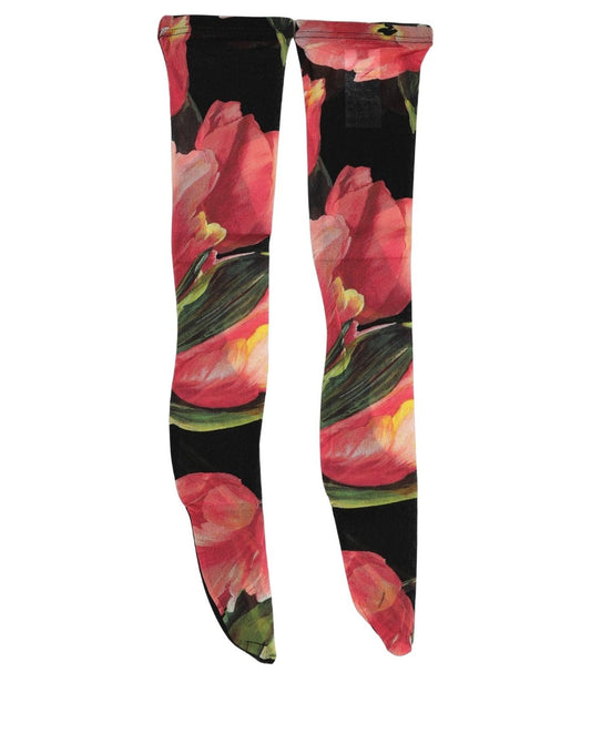 Dolce & Gabbana Black Pink Floral Tulip Nylon Stockings Socks