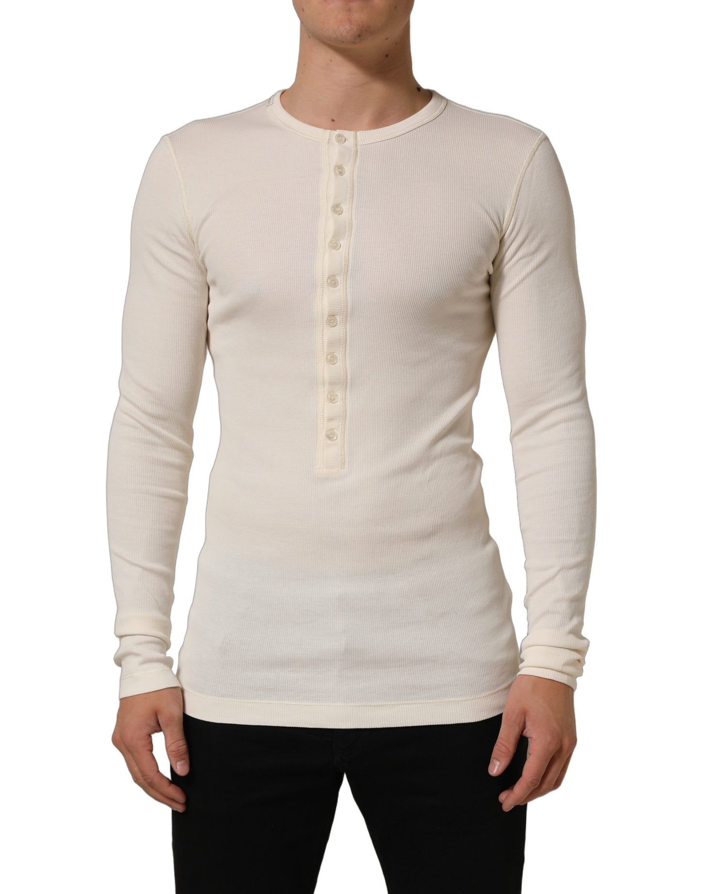 Dolce & Gabbana Off White Cotton Henley Long Sleeves T-shirt