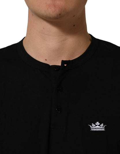 Dolce & Gabbana Black Crown Short Sleeved Henley Men T-shirt