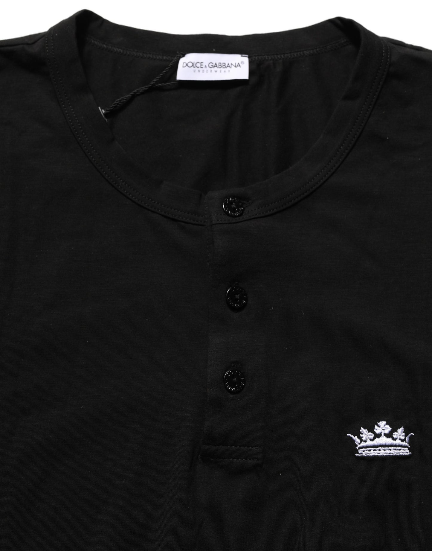 Dolce & Gabbana Black Crown Short Sleeved Henley Men T-shirt