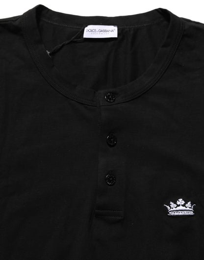 Dolce & Gabbana Black Crown Short Sleeved Henley Men T-shirt