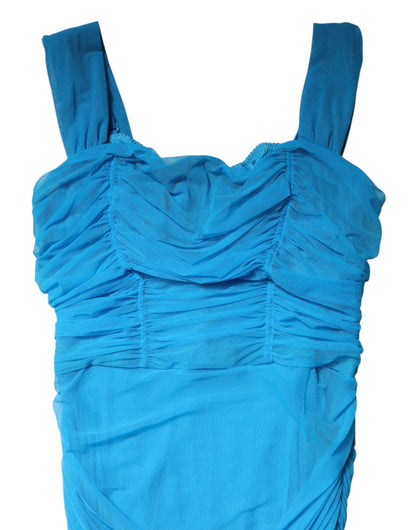 Dolce & Gabbana Blue Ruched Tulle Midi Square Neck Dress