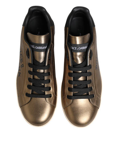 Dolce & Gabbana Gold Portofino Calf Leather Sneakers Shoes