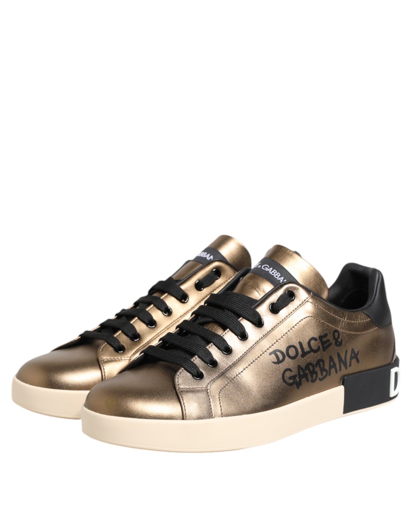 Dolce & Gabbana Gold Portofino Calf Leather Sneakers Shoes