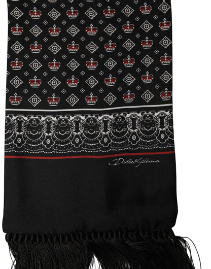Dolce & Gabbana Black Silk Crown Fringed Neck Shawl Scarf