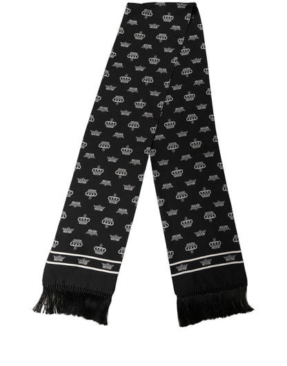 Dolce & Gabbana Black Silk Crown Fringed Neck Shawl Scarf