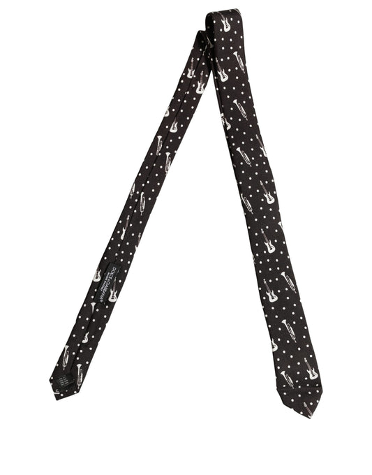 Dolce & Gabbana Black Musical Instrument Silk Adjustable Tied Necktie Tie