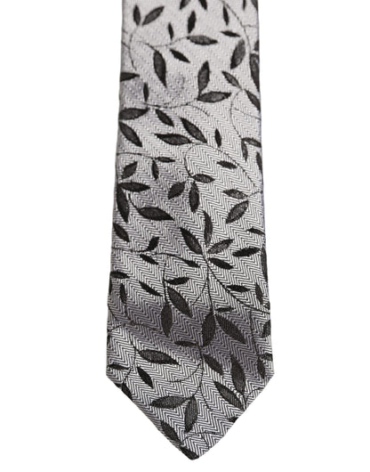 Dolce & Gabbana Men Gray Silk Leaf Pattern Adjustable Tied Necktie Tie
