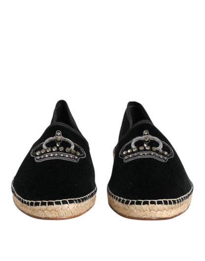 Dolce & Gabbana Black Embellished Crown Flat Espadrilles Shoes
