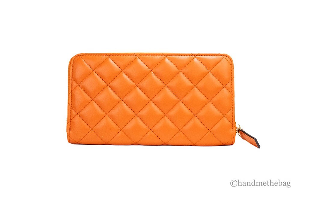 Versace Large Dark Orange Quilted Smooth Leather Continental Clutch Zip Wallet