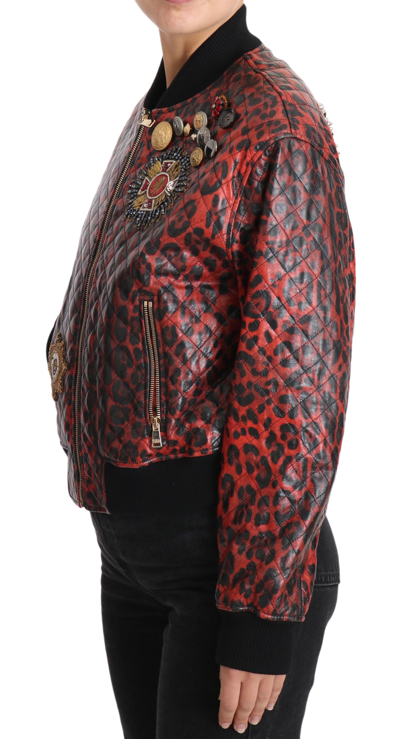 Dolce &amp; Gabbana Rote Lederjacke mit Leopardenmuster und Kristallknöpfen