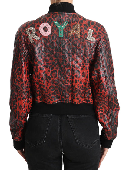 Dolce &amp; Gabbana Rote Lederjacke mit Leopardenmuster und Kristallknöpfen
