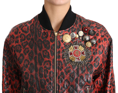 Dolce &amp; Gabbana Rote Lederjacke mit Leopardenmuster und Kristallknöpfen