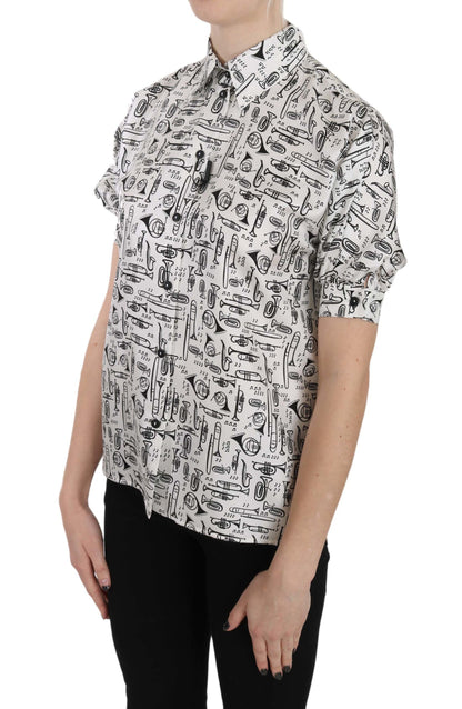 Dolce &amp; Gabbana – Seidenbluse mit Trompetendruck und Knopfleiste vorne