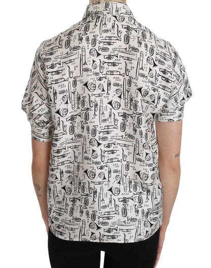 Dolce &amp; Gabbana – Seidenbluse mit Trompetendruck und Knopfleiste vorne
