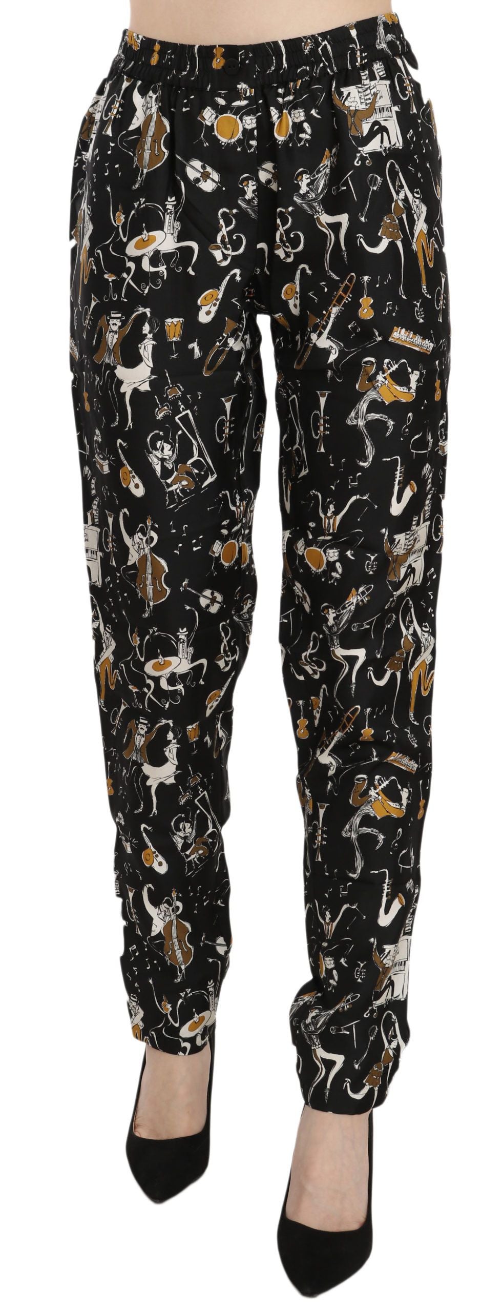 Dolce &amp; Gabbana – Schwarze, hoch taillierte Karottenhose mit Jazz-Club-Print