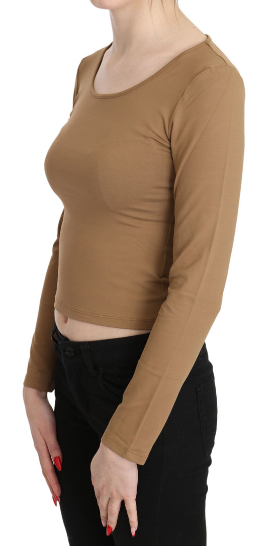 GF Ferre – Braune, schmale Crop-Top-Bluse mit Rundhalsausschnitt und langen Ärmeln