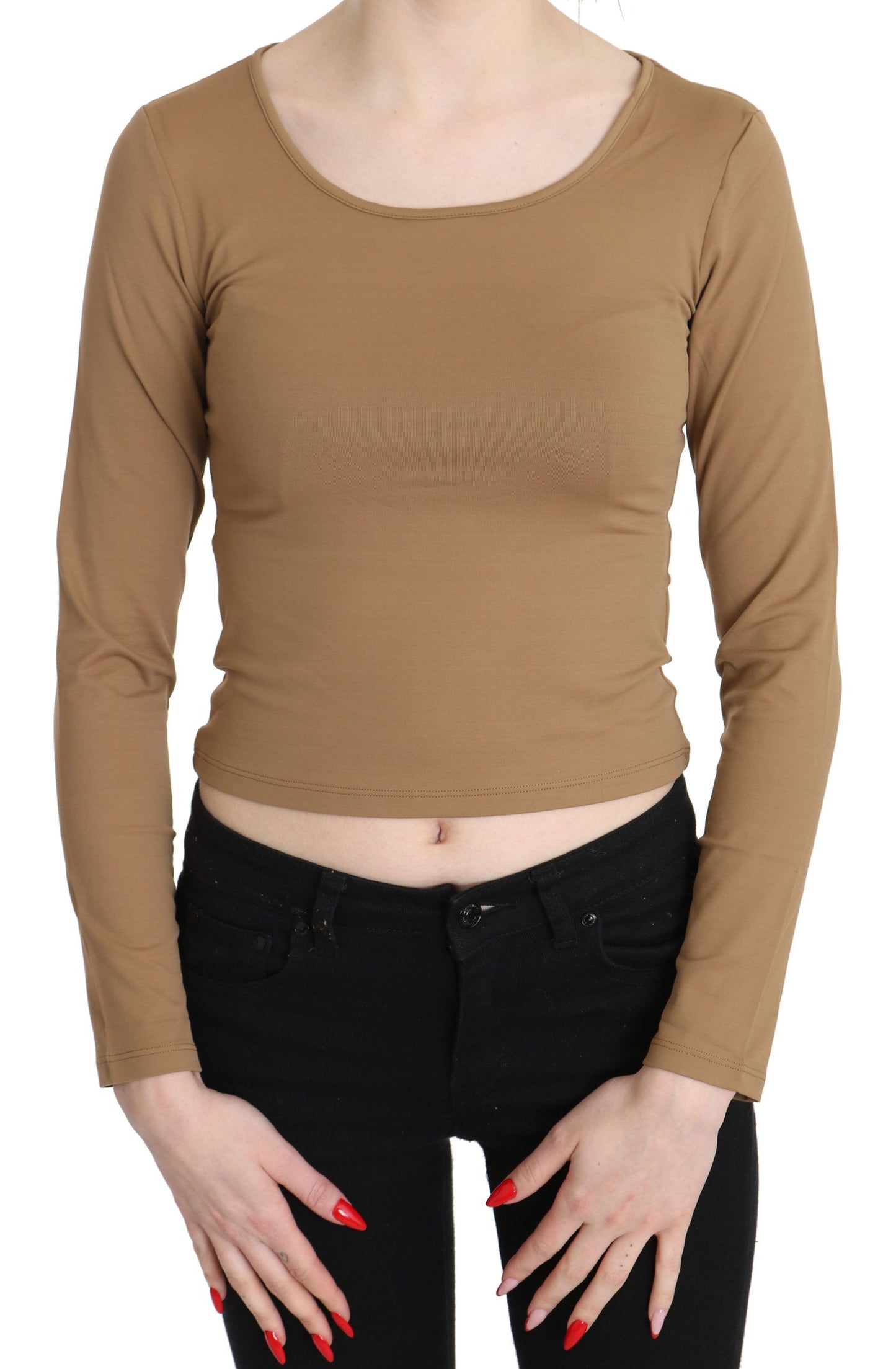 GF Ferre – Braune, schmale Crop-Top-Bluse mit Rundhalsausschnitt und langen Ärmeln