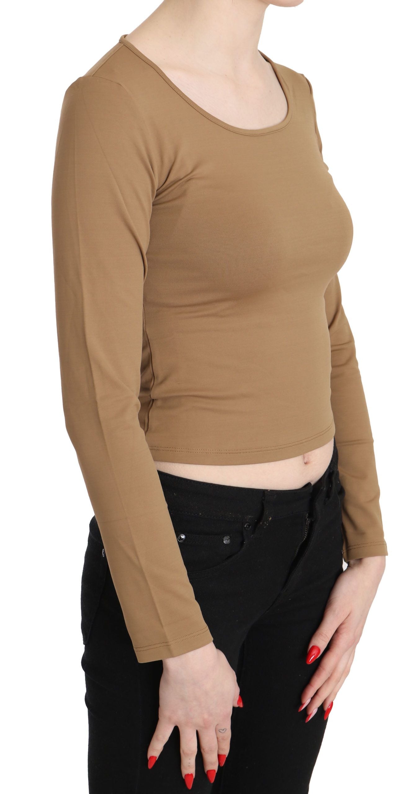 GF Ferre – Braune, schmale Crop-Top-Bluse mit Rundhalsausschnitt und langen Ärmeln