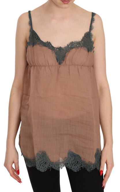 PINK MEMORIES Brown Lace Spaghetti Strap Tank Top Blouse