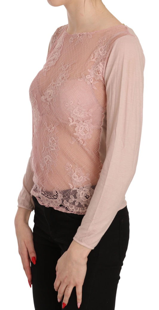 PINK MEMORIES Pink Lace See Through Long Sleeve Top Blouse