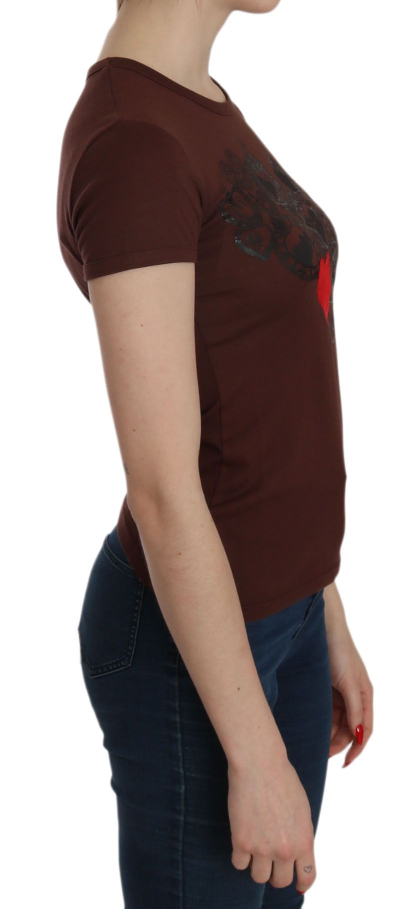 Exte Braunes T-Shirt mit Rundhalsausschnitt und Herzdruck, kurzärmlige Bluse