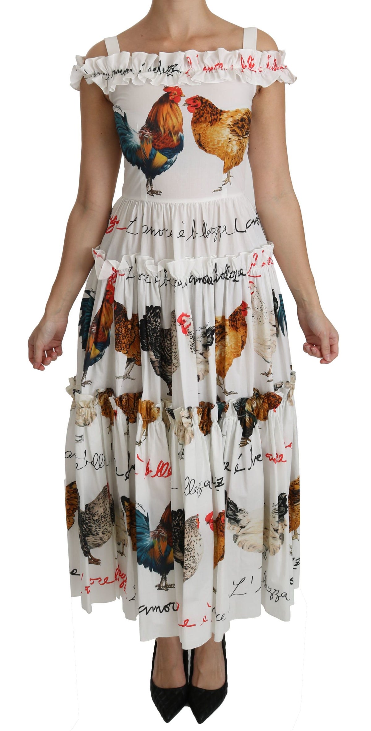 Dolce &amp; Gabbana Weißes Midi-Etuikleid aus Baumwolle mit Hahnentrittmuster