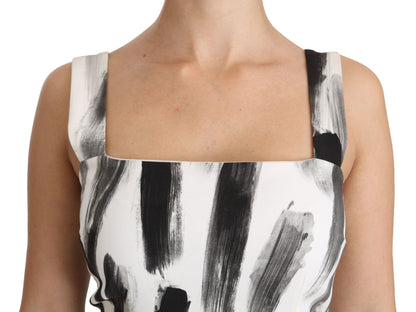 Dolce & Gabbana White Black Printed Sheath Midi Viscose Dress