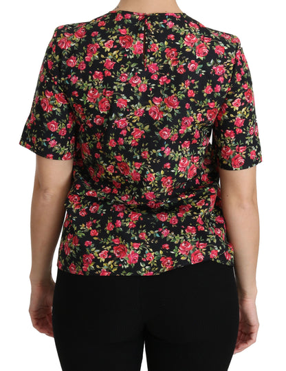 Dolce &amp; Gabbana – Schwarze Bluse mit Blumenmuster und Rosenmuster, kurzärmlig