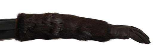 Dolce &amp; Gabbana Braune, ellenbogenlange Fäustlinge aus Leder und Pelz