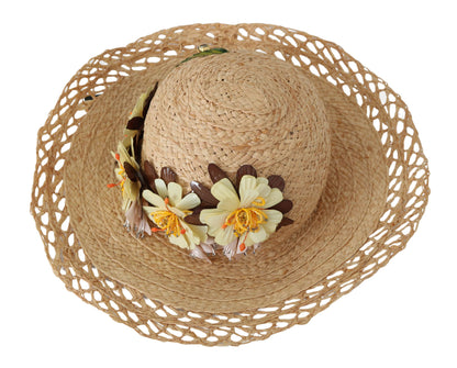Dolce &amp; Gabbana – Beigefarbener Capello-Bucket-Hut mit Blumenmuster und breiter Krempe