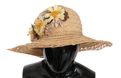 Dolce &amp; Gabbana – Beigefarbener Capello-Bucket-Hut mit Blumenmuster und breiter Krempe