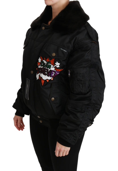 Dolce &amp; Gabbana Schwarze Bomberjacke mit Pailletten und Queen Crown