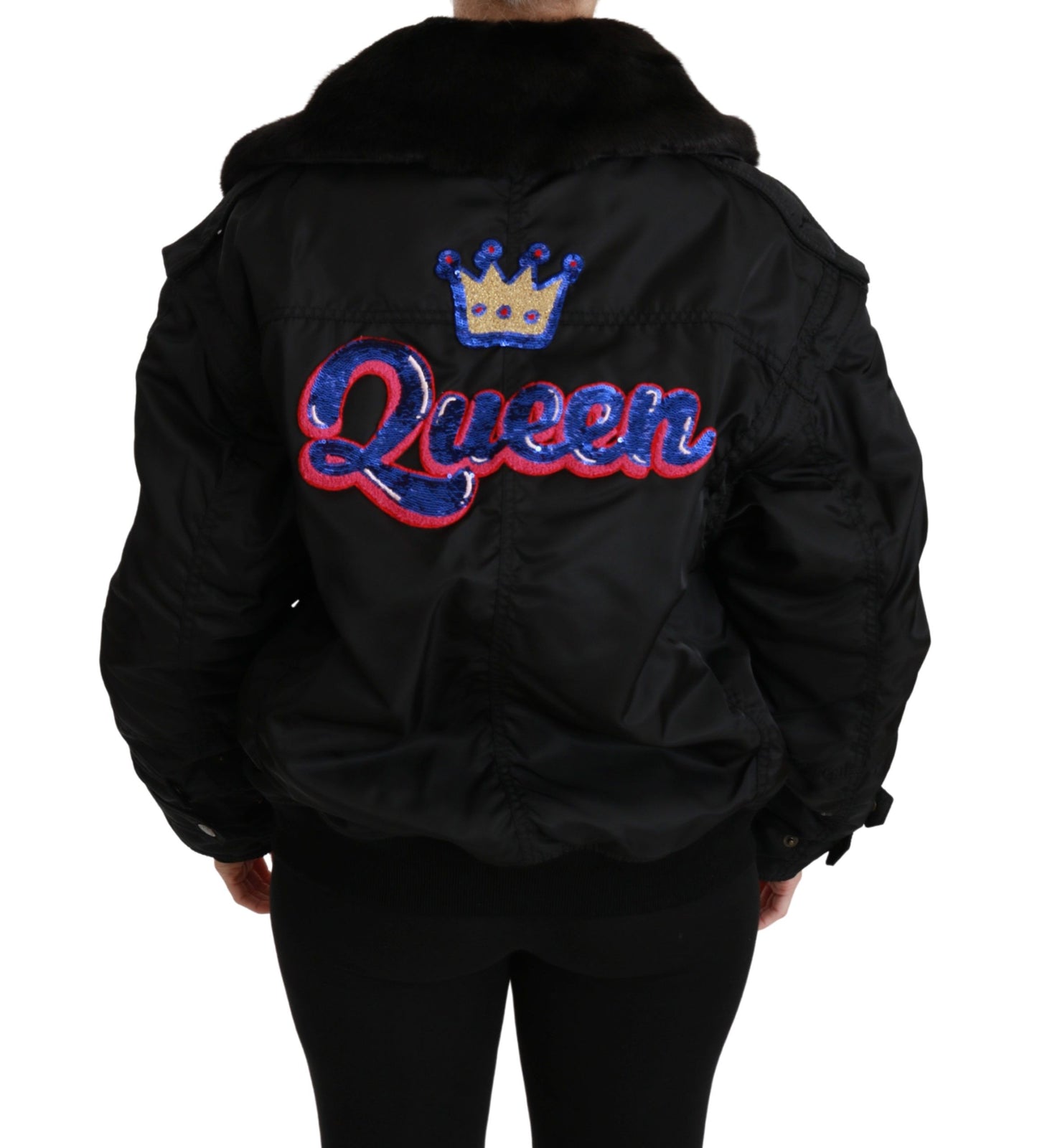 Dolce &amp; Gabbana Schwarze Bomberjacke mit Pailletten und Queen Crown