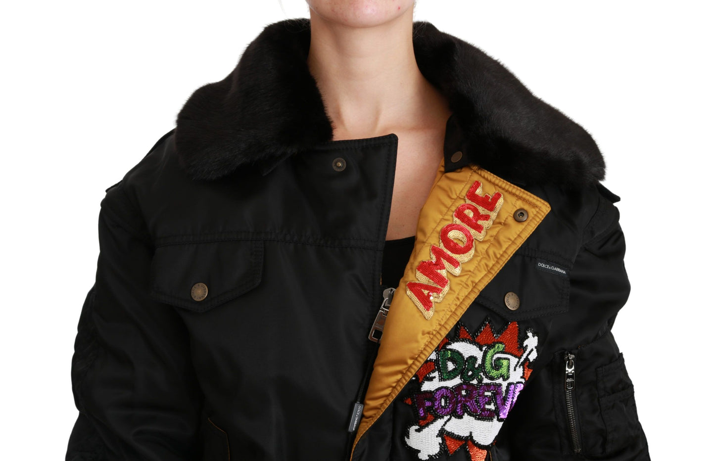 Dolce &amp; Gabbana Schwarze Bomberjacke mit Pailletten und Queen Crown