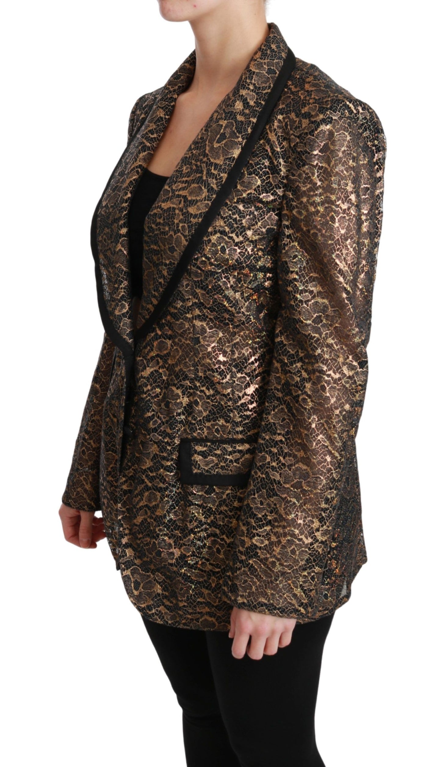 Dolce &amp; Gabbana Gold Schwarzer Spitzenblazer Mantel Blumenjacke