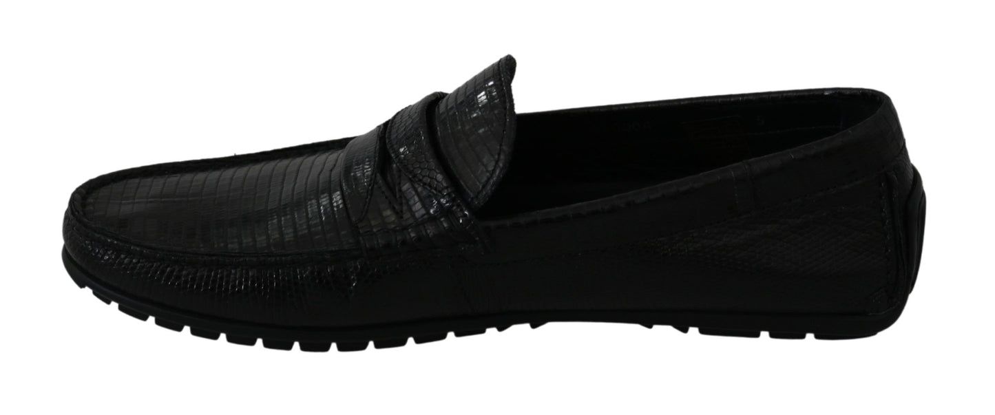 Dolce &amp; Gabbana – Flache Loafer aus schwarzem Eidechsenleder