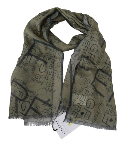 GF Ferre Grüner Foulard aus Wolle und Viskose mit gemustertem Markenschal