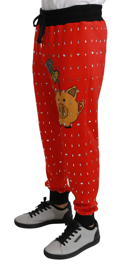 Dolce &amp; Gabbana Rote Sparschwein-Baumwollhose mit Kristallen