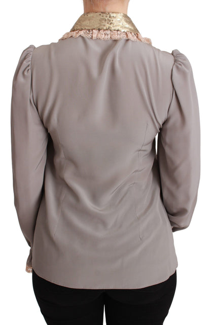 Dolce &amp; Gabbana Blusenhemd aus grauer Seide mit goldenen Pailletten und Spitze