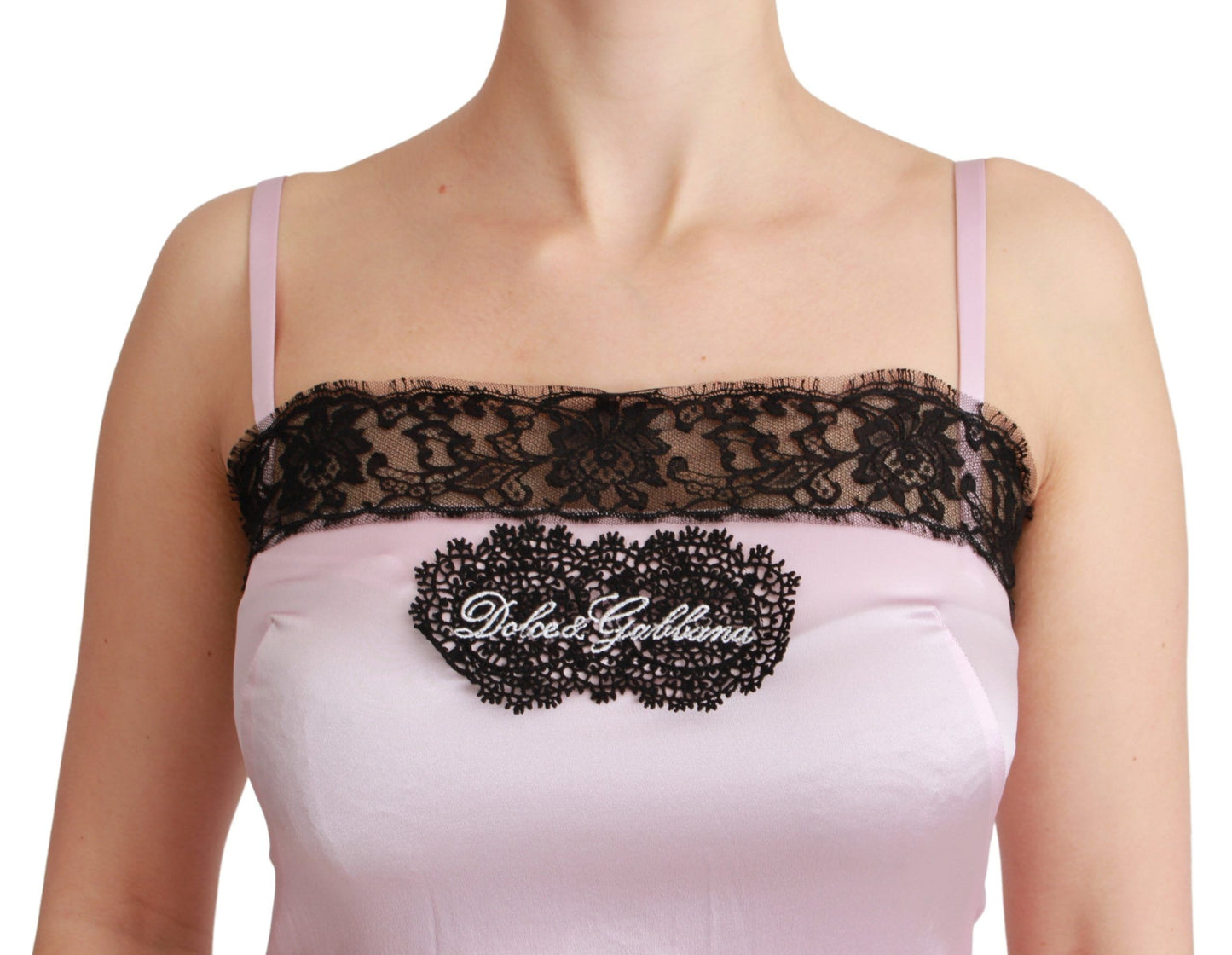Dolce &amp; Gabbana Seidenoberteil mit schwarzer Spitze und rosa Tanktop-Bluse